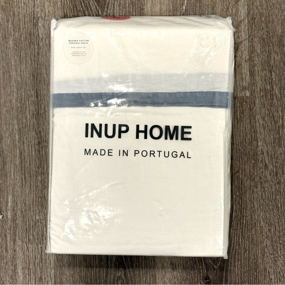 NEW INUP Home King Sheet Set White and Blue Bedding Set